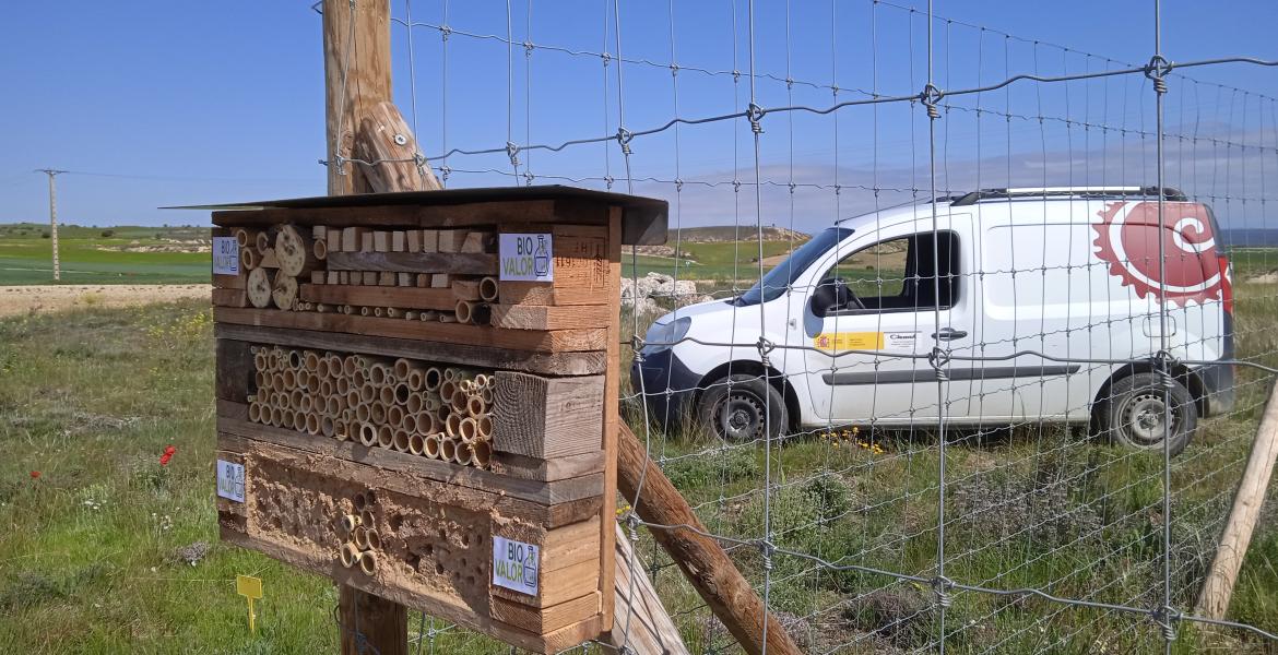 Hotel de insectos en la parcela de ensayo de Cobertelada